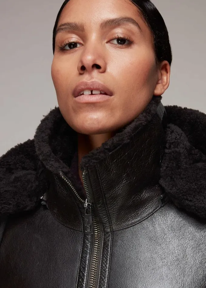 Whistles Shearling Hooded Biker Brown Women Coats and Jackets