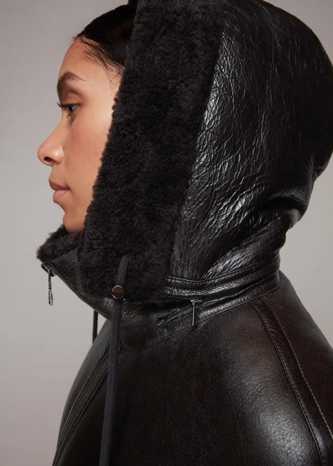 Whistles Shearling Hooded Biker Brown Women Coats and Jackets