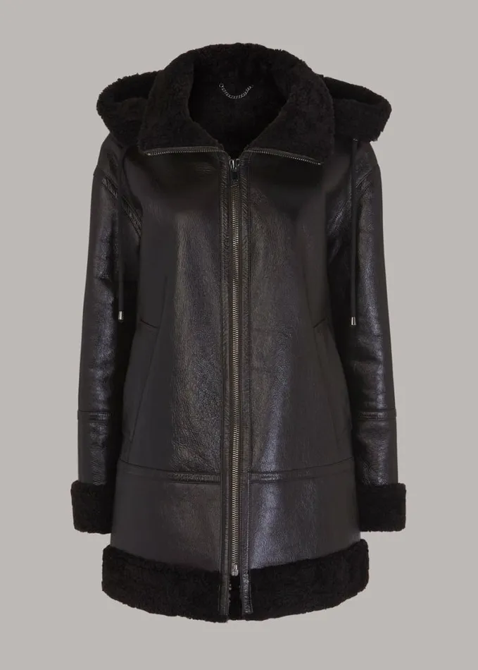 Whistles Shearling Hooded Biker Brown Women Coats and Jackets