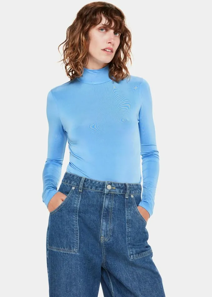 Whistles Slinky High Neck Top Pale Blue Women Tops