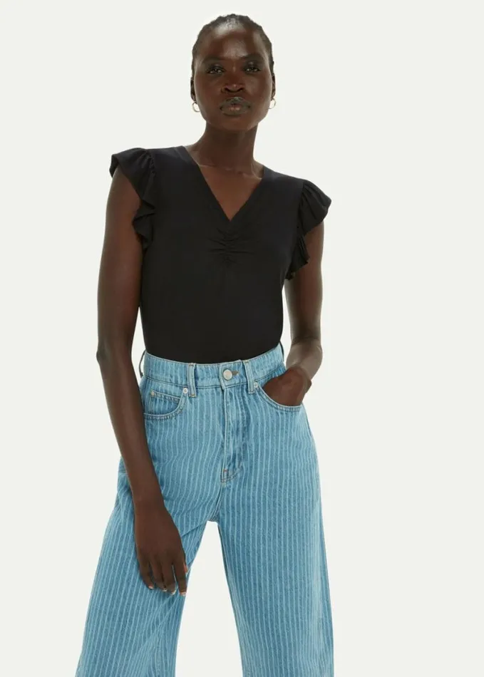 Whistles V Neck Frill Sleeve Top Black Women Tops