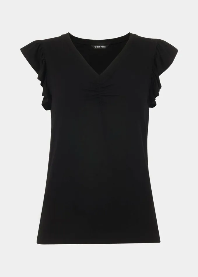 Whistles V Neck Frill Sleeve Top Black Women Tops