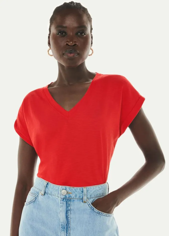 Whistles Willa V Neck Cap Sleeve Tee Red Women Tops
