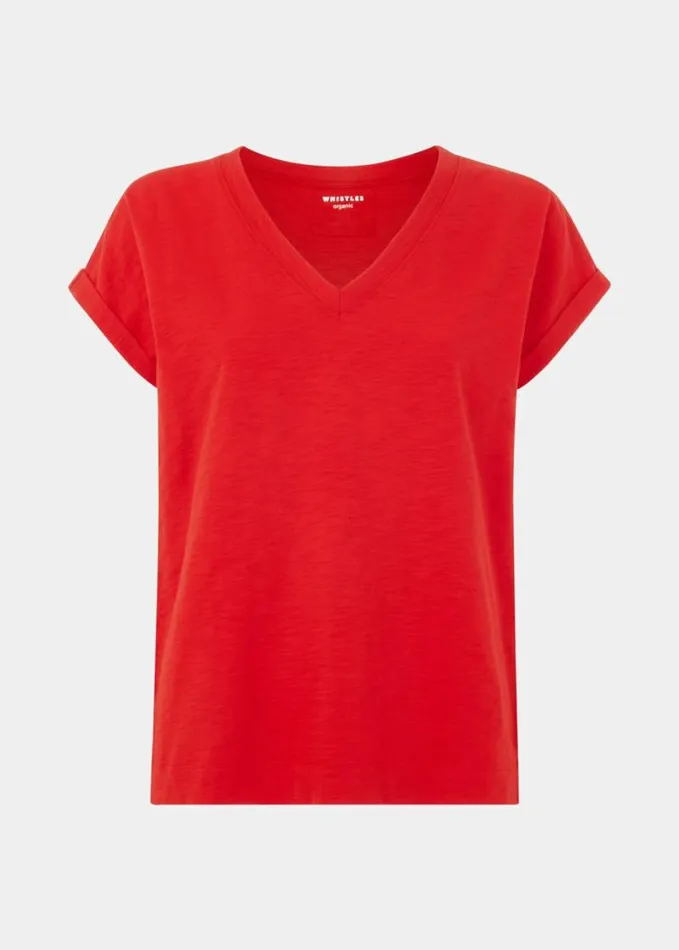 Whistles Willa V Neck Cap Sleeve Tee Red Women Tops