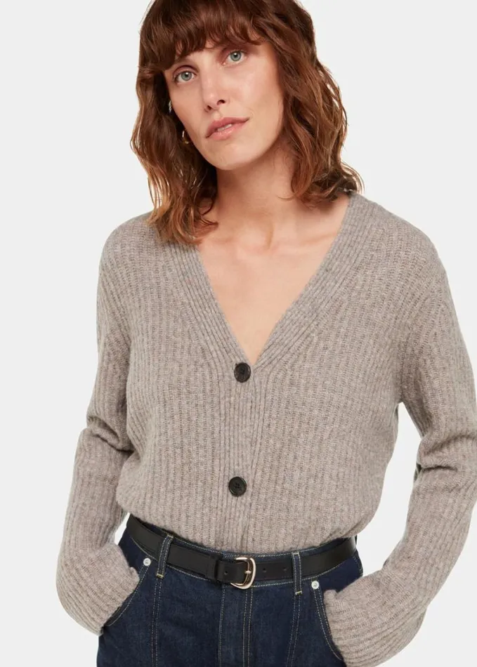 Whistles Wool Mix Rib Cardigan Neutral Women Sweaters and Cashmere