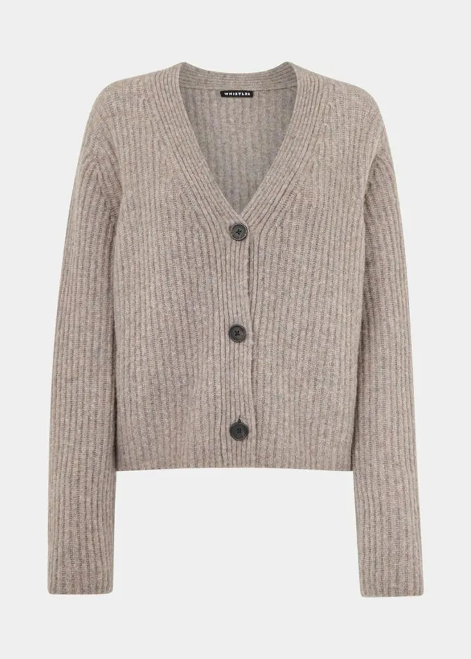 Whistles Wool Mix Rib Cardigan Neutral Women Sweaters and Cashmere