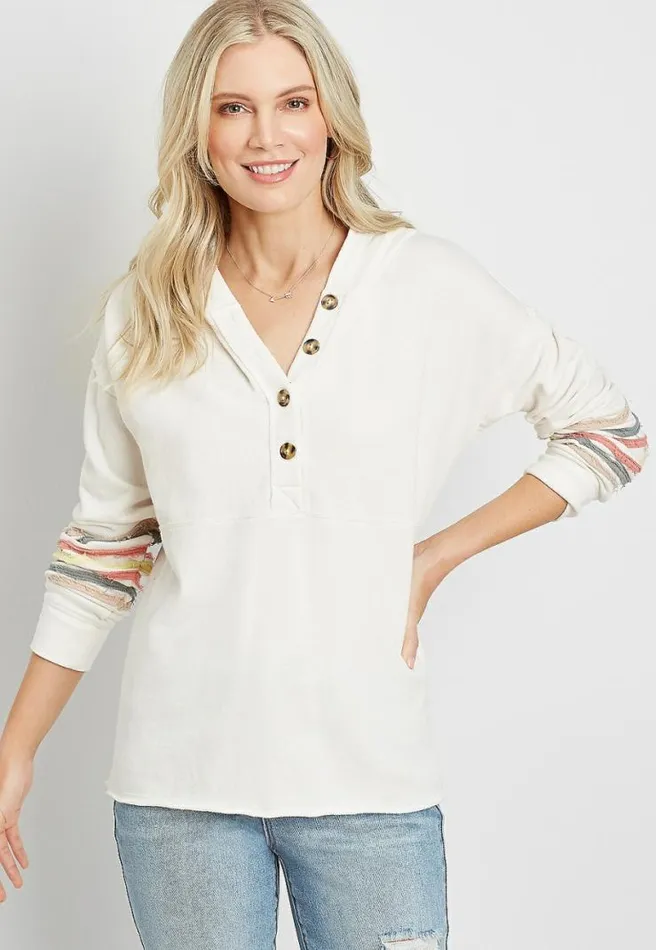 White Rainbow Sleeve Button Front Hoodie Women Maurices Tops