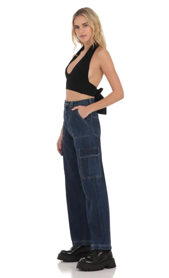 Wide Leg Cargo Jeans Dark Denim Women LUCY IN THE SKY Jeans
