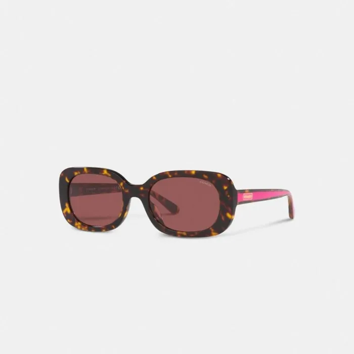 Women Badge Rounded Square Sunglasses Tortoise Pink Stripe Coach Eyewear