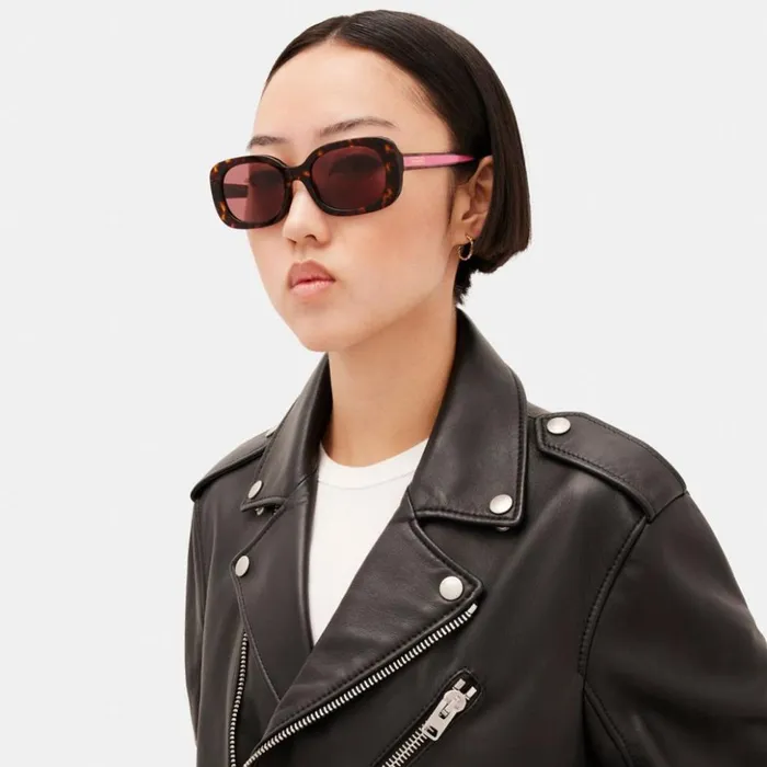 Women Badge Rounded Square Sunglasses Tortoise Pink Stripe Coach Eyewear