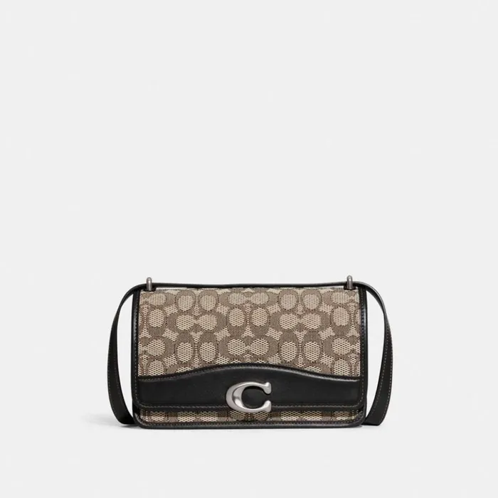 Women Bandit Shoulder Bag In Signature Textile Jacquard Silvercocoa Black Coach Shoulder Bags and Hobos