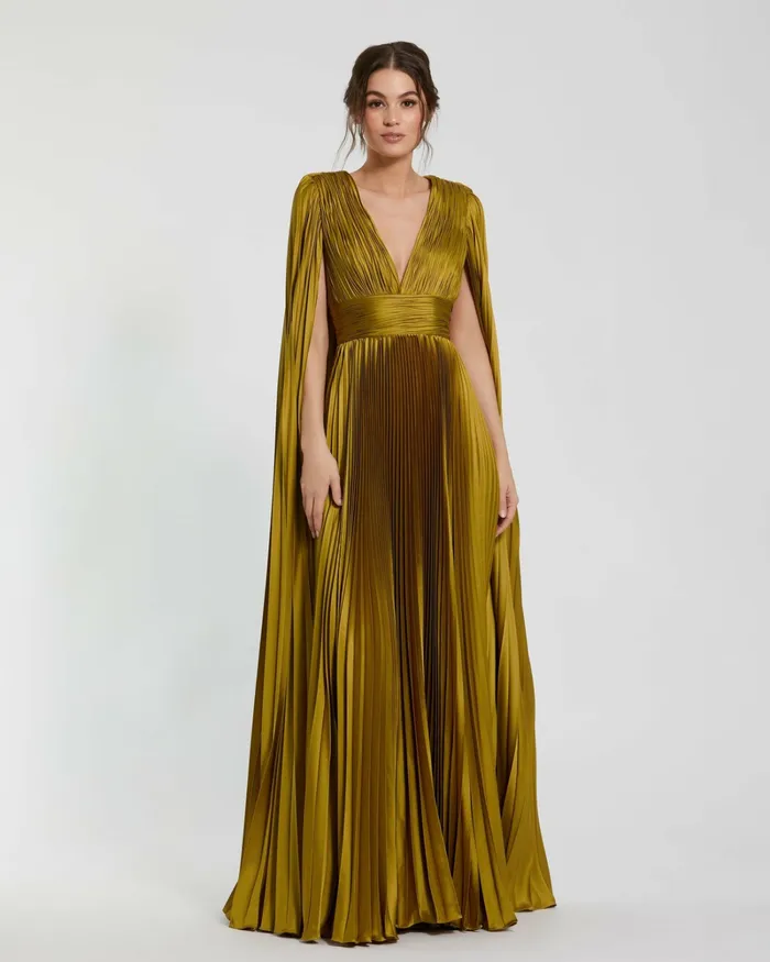 Women Best Sellers Mac Duggal Pleated Charmeuse V Neck Gown With Cape Chartreuse