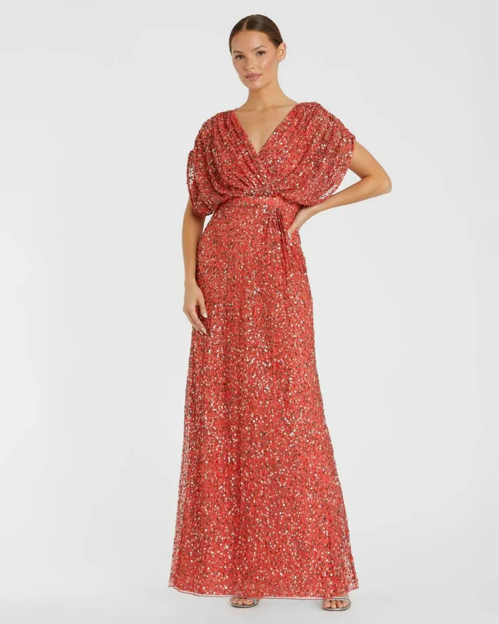 Women Best Sellers Mac Duggal Red Draped Sleeve V Neck Gown Paprika