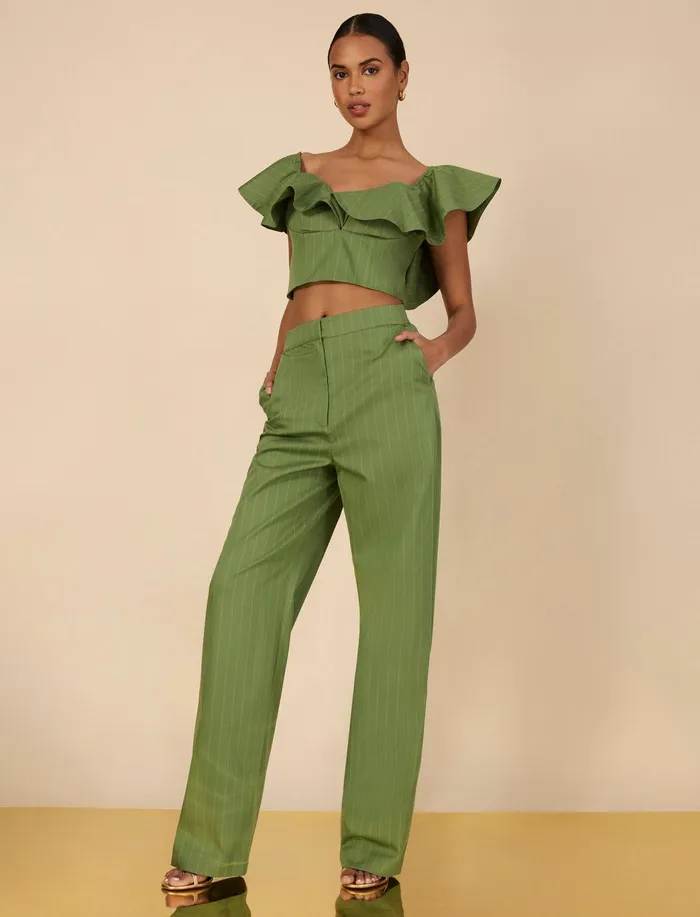 Women Bottoms BCBG Pinstripe Trouser Green Stripe