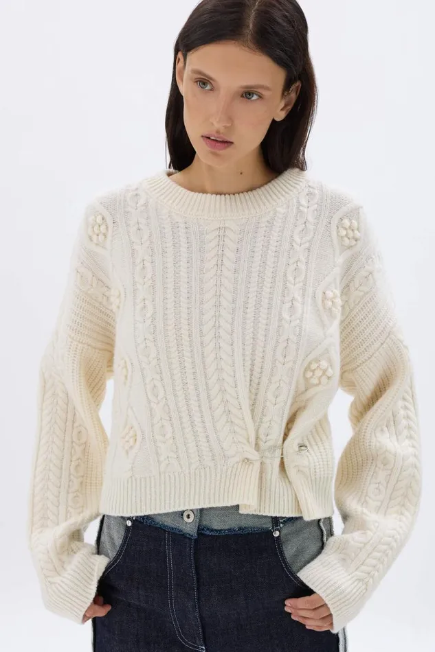 Women Cableknit Woolen Sweater Ecru White Sonia Rykiel Sweaters