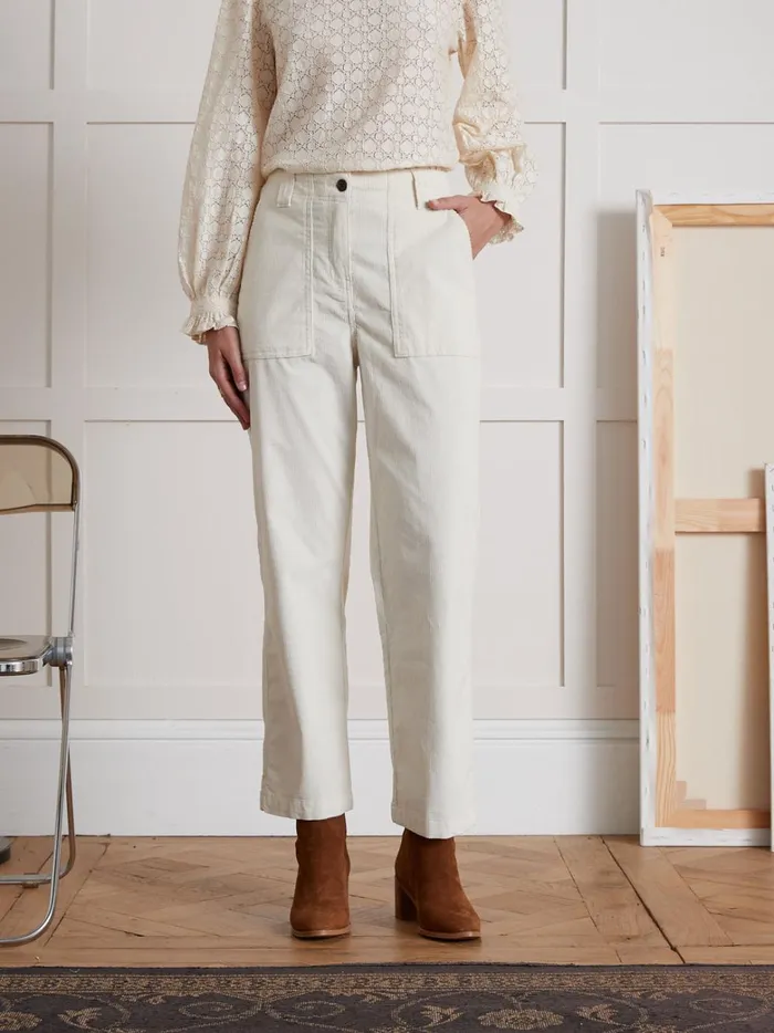 Women Clothing Cyrillus Leonie Corduroy Cargo Trousers Ecru