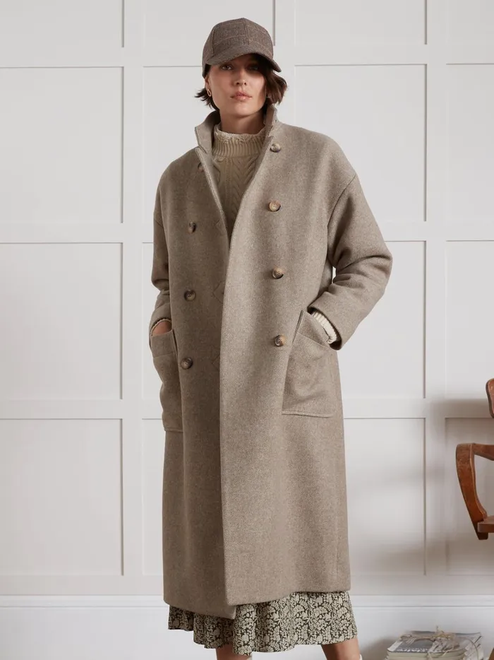 Women Clothing Cyrillus Long Coat With Small Straight Collar Beige Taupe