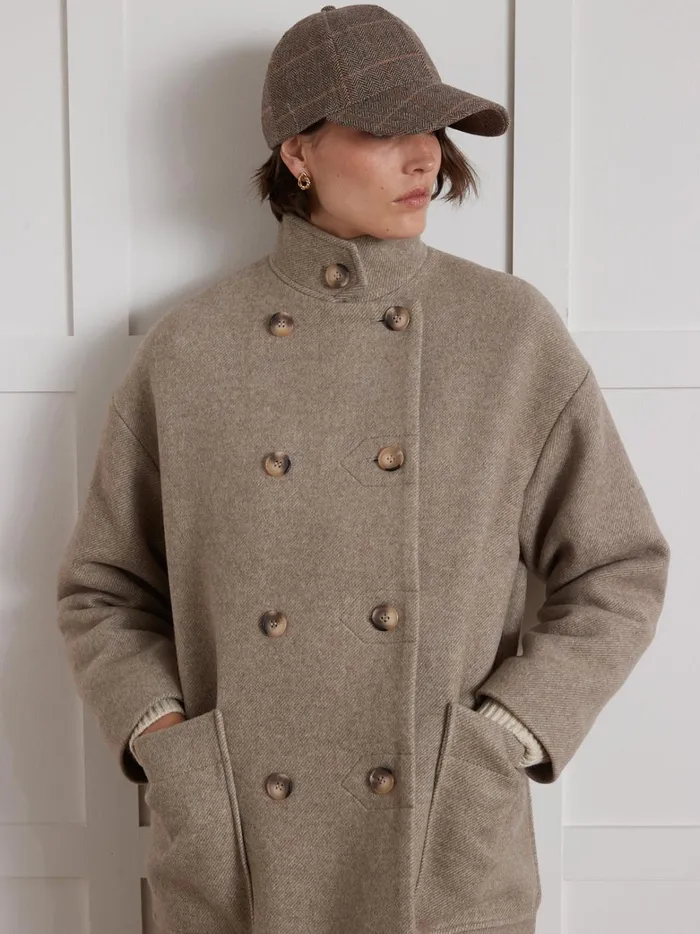 Women Clothing Cyrillus Long Coat With Small Straight Collar Beige Taupe