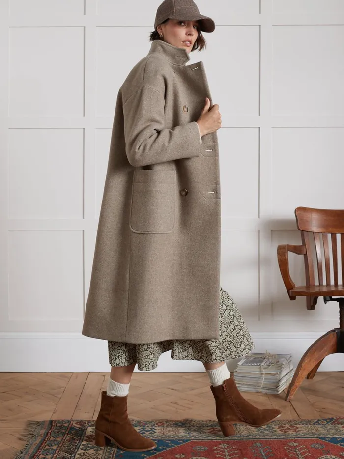 Women Clothing Cyrillus Long Coat With Small Straight Collar Beige Taupe
