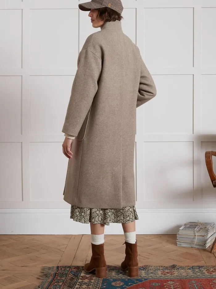 Women Clothing Cyrillus Long Coat With Small Straight Collar Beige Taupe