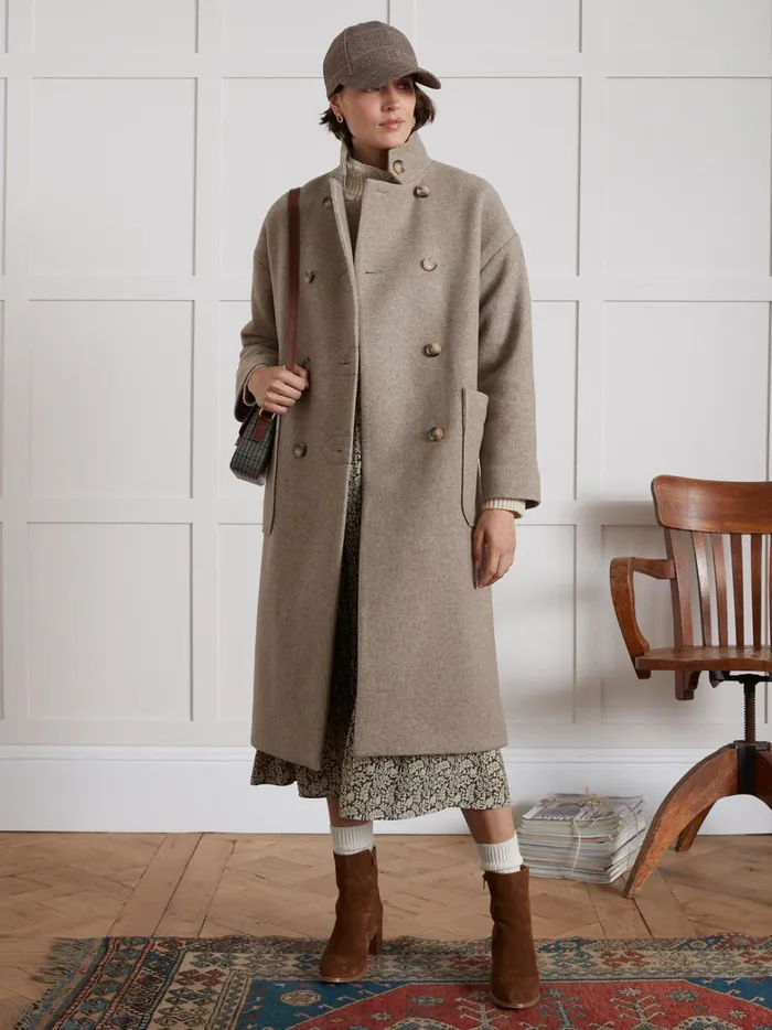 Women Clothing Cyrillus Long Coat With Small Straight Collar Beige Taupe