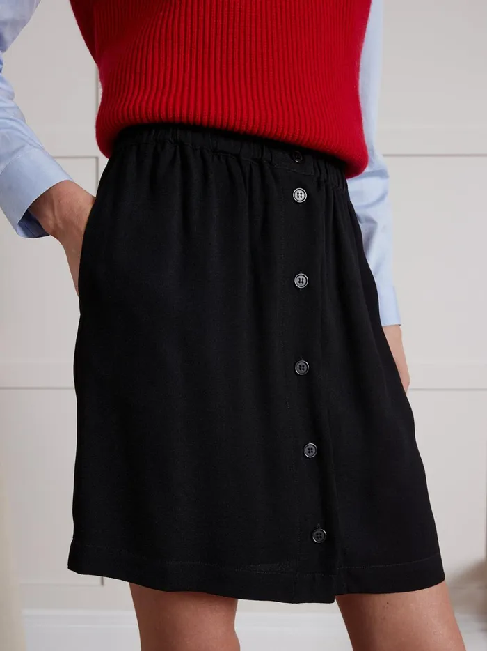 Women Clothing Cyrillus Plain Crepe Short Button Skirt Noir