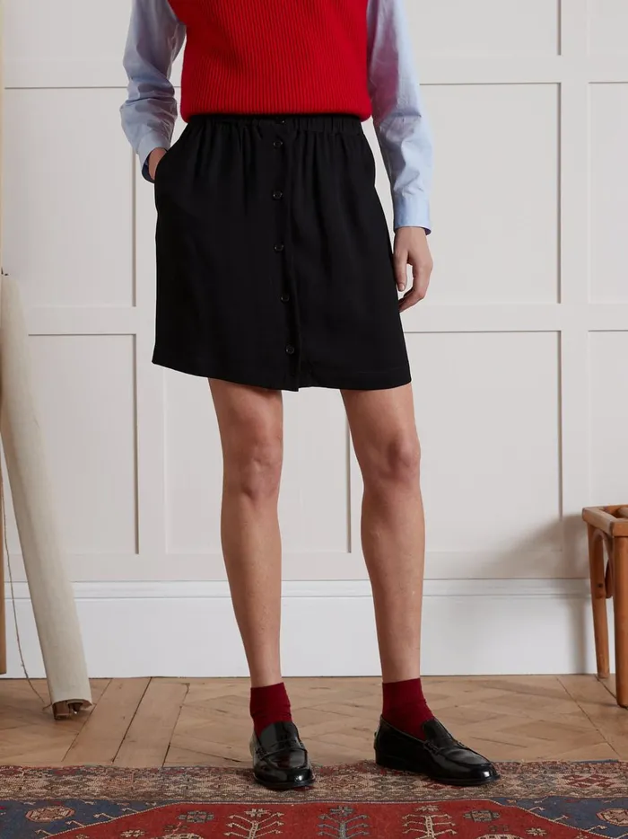 Women Clothing Cyrillus Plain Crepe Short Button Skirt Noir