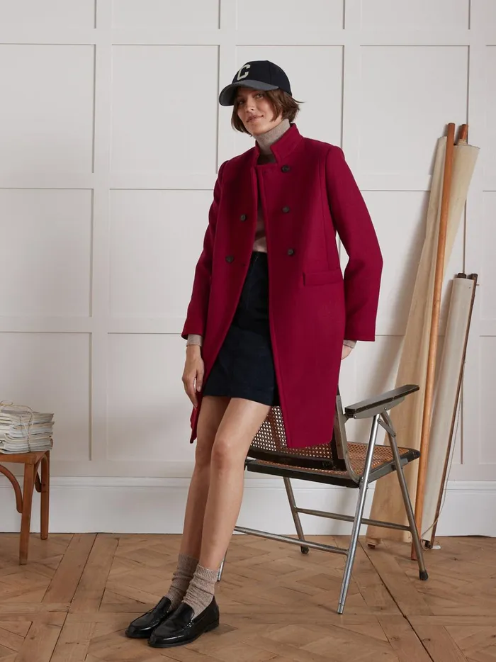 Women Clothing Cyrillus Plain Wool Cloth Coat With Retro Styling Rouge