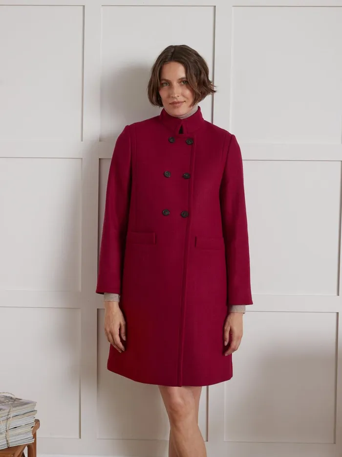 Women Clothing Cyrillus Plain Wool Cloth Coat With Retro Styling Rouge