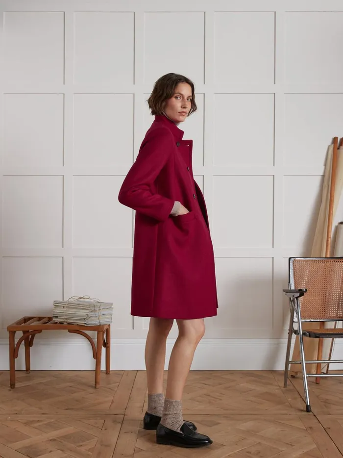 Women Clothing Cyrillus Plain Wool Cloth Coat With Retro Styling Rouge