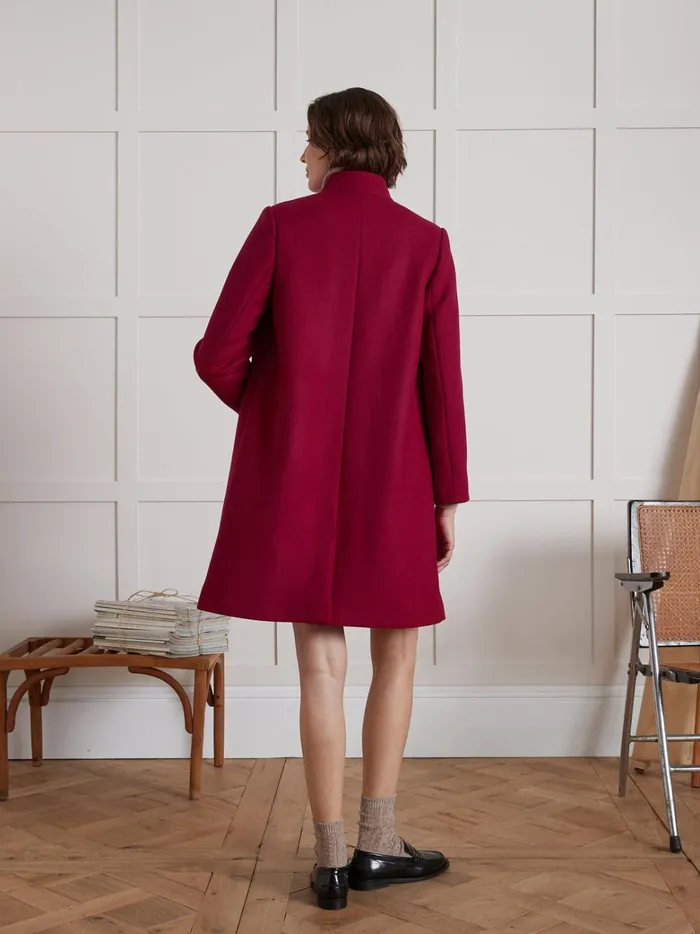 Women Clothing Cyrillus Plain Wool Cloth Coat With Retro Styling Rouge