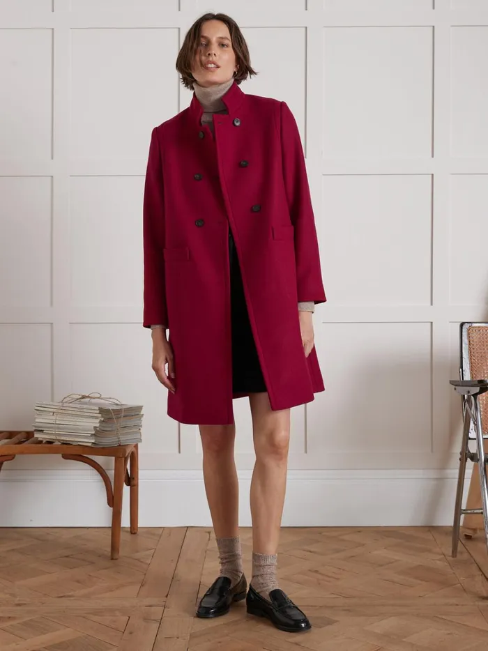 Women Clothing Cyrillus Plain Wool Cloth Coat With Retro Styling Rouge