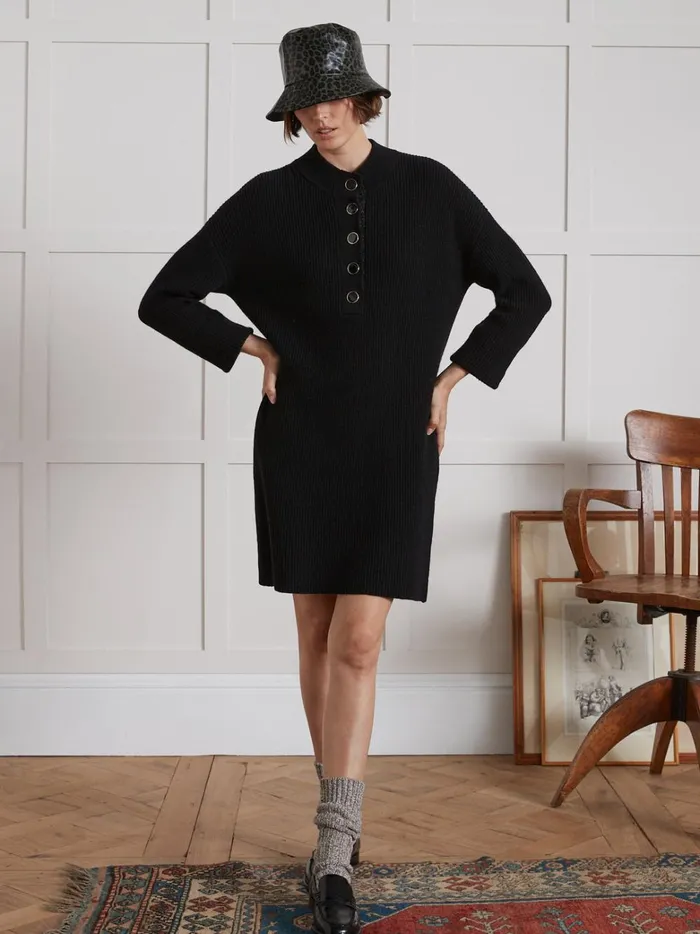 Women Clothing Cyrillus Short WoomBlend SweaterDress With Ribbing Noir