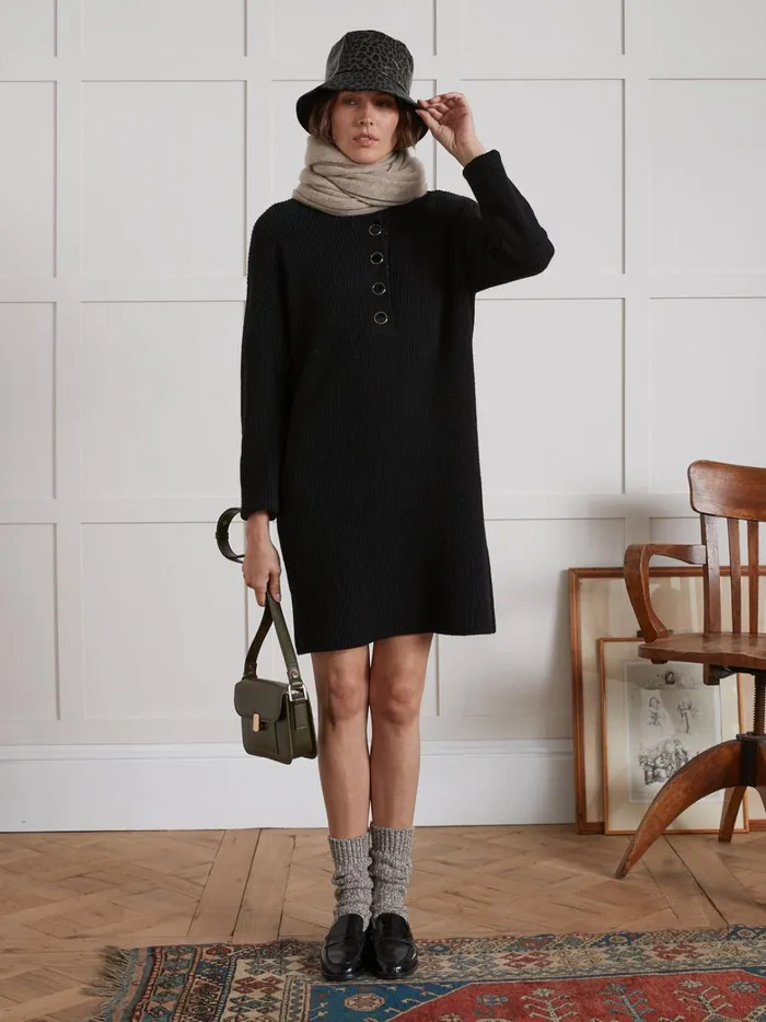 Women Clothing Cyrillus Short WoomBlend SweaterDress With Ribbing Noir