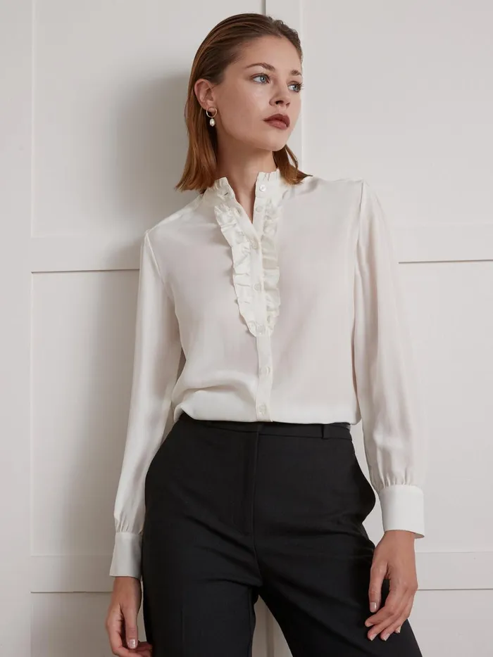 Women Clothing Cyrillus Silk Ruffled Blouse Ecru