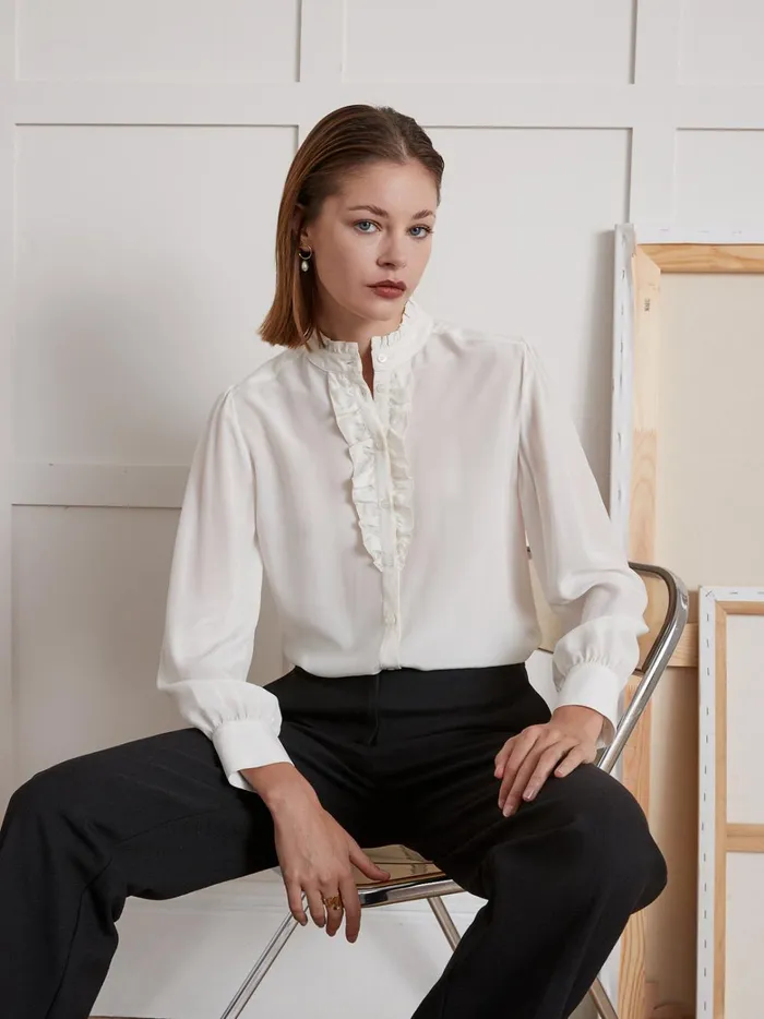 Women Clothing Cyrillus Silk Ruffled Blouse Ecru
