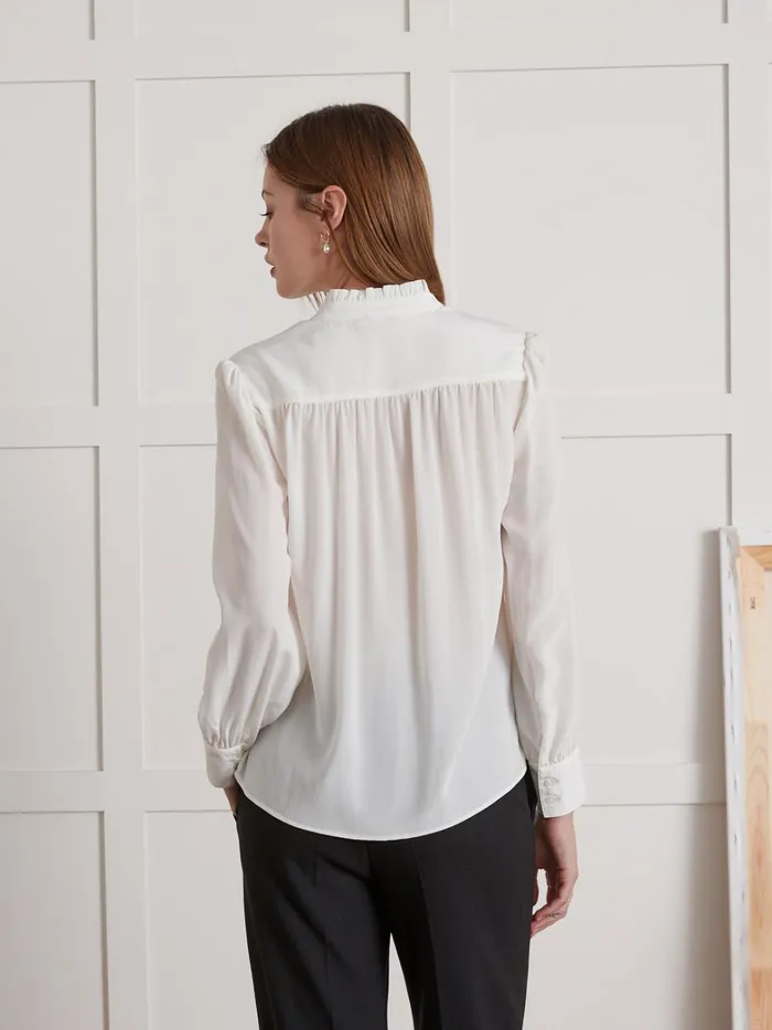 Women Clothing Cyrillus Silk Ruffled Blouse Ecru