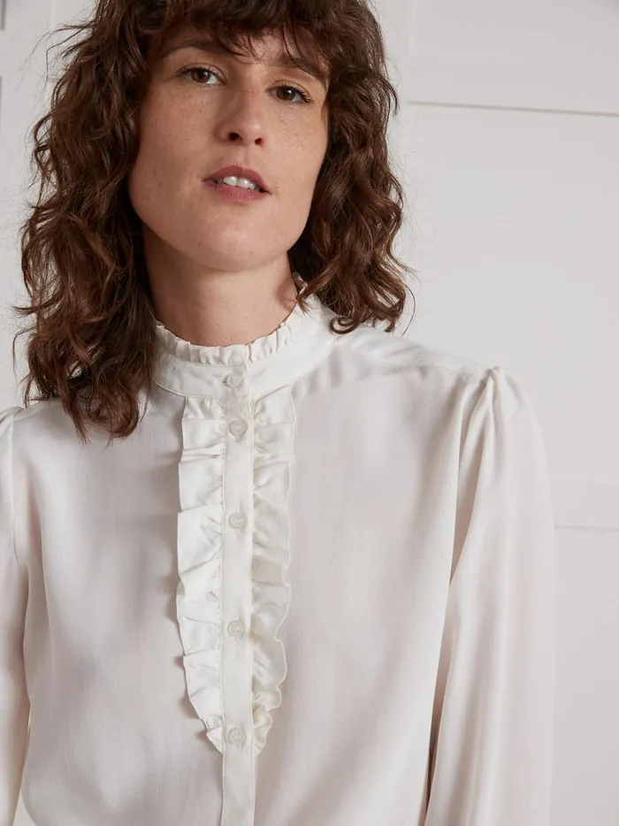 Women Clothing Cyrillus Silk Ruffled Blouse Ecru