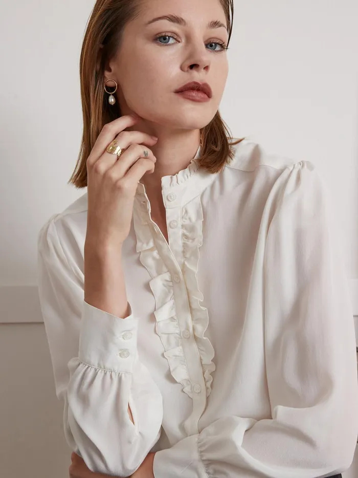 Women Clothing Cyrillus Silk Ruffled Blouse Ecru