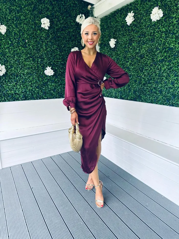 Women Day Dress Canella Lane Elsa Gold Buckle Long Sleeve Wrap Asymmetric Dress In Wine