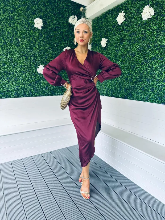 Women Day Dress Canella Lane Elsa Gold Buckle Long Sleeve Wrap Asymmetric Dress In Wine
