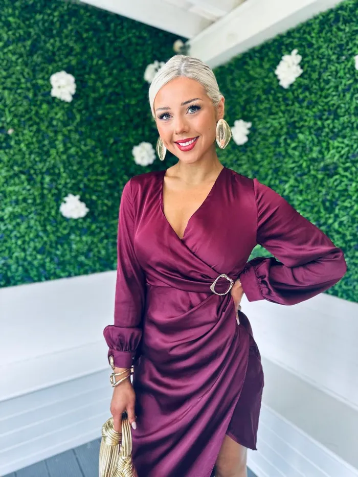 Women Day Dress Canella Lane Elsa Gold Buckle Long Sleeve Wrap Asymmetric Dress In Wine