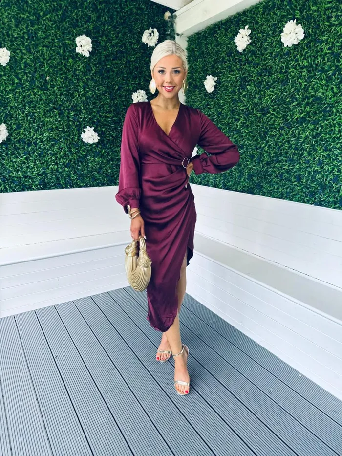 Women Day Dress Canella Lane Elsa Gold Buckle Long Sleeve Wrap Asymmetric Dress In Wine