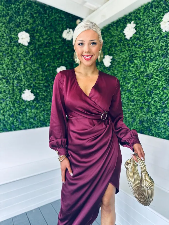 Women Day Dress Canella Lane Elsa Gold Buckle Long Sleeve Wrap Asymmetric Dress In Wine