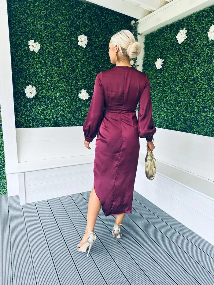 Women Day Dress Canella Lane Elsa Gold Buckle Long Sleeve Wrap Asymmetric Dress In Wine