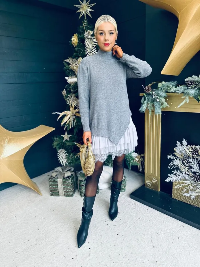 Women Day Dress Canella Lane Gina Knit and Lace Mini Dress Grey