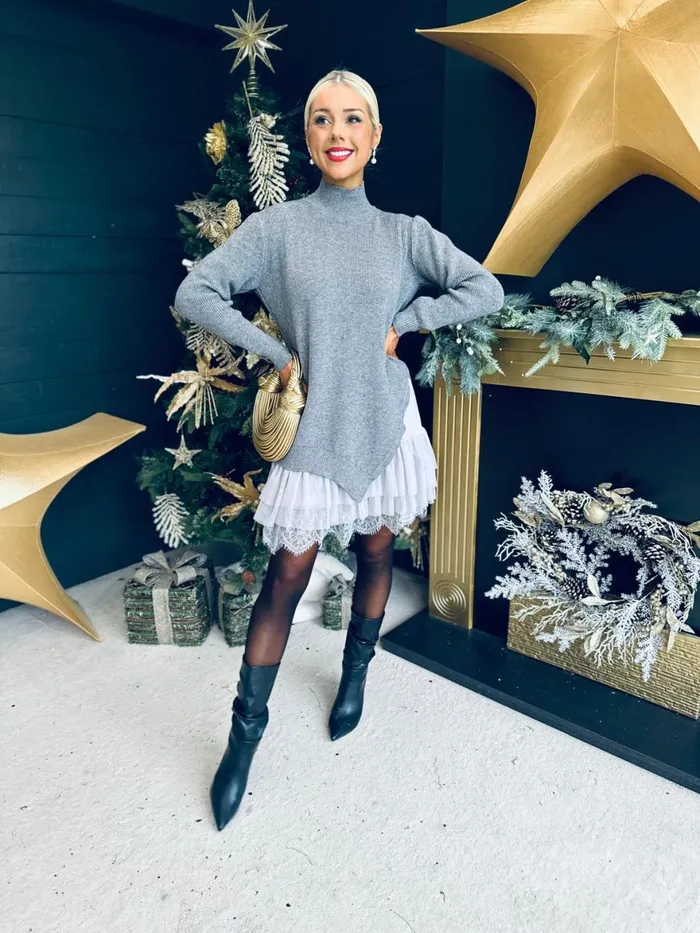 Women Day Dress Canella Lane Gina Knit and Lace Mini Dress Grey