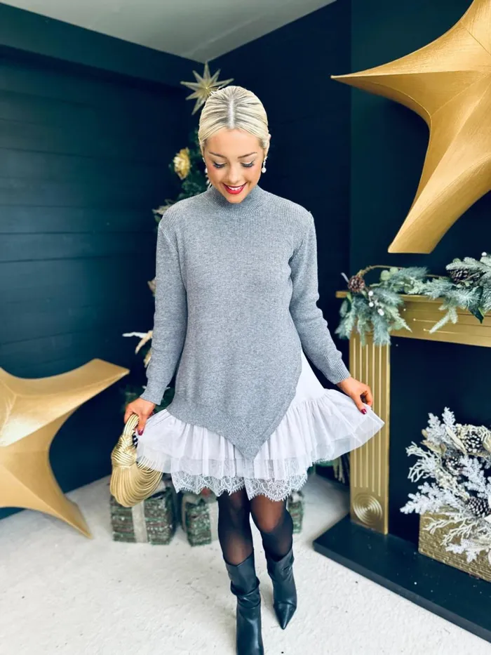 Women Day Dress Canella Lane Gina Knit and Lace Mini Dress Grey