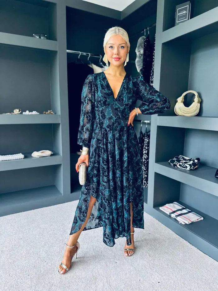 Women Day Dress Canella Lane Jade Midi Dress Burnout Black Green