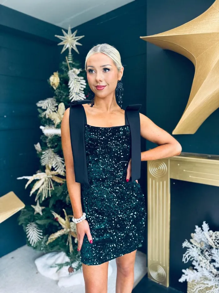 Women Day Dress Canella Lane Jude Bow Detail Sequin Mini Dress Forest